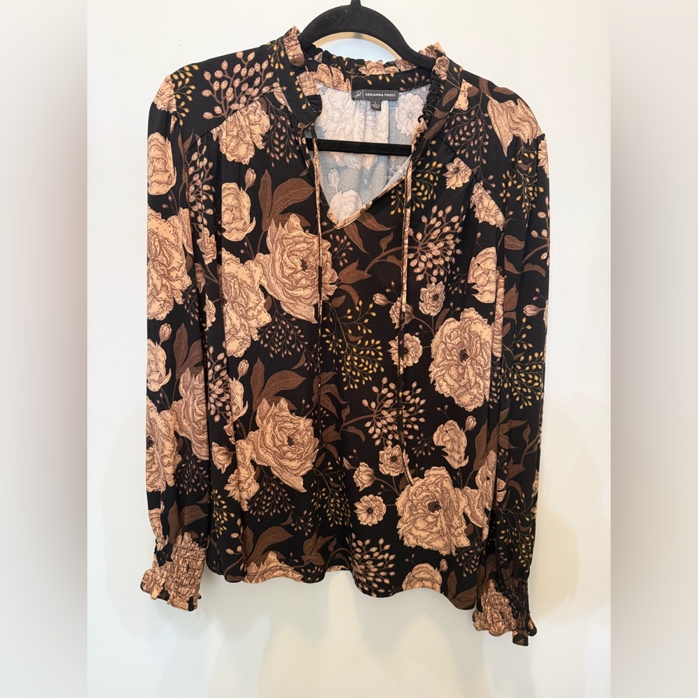 Adrianna Papell‎ Floral Long Sleeve Black and Tan Blouse - Size L
